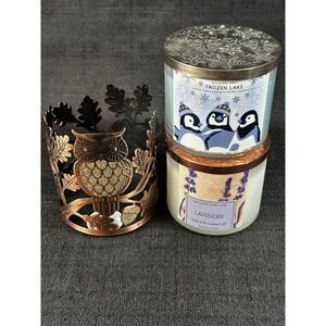 Bath & Body Works Owl on Branches + TWO 3-wick Candles Set Lavender Frozen Lake